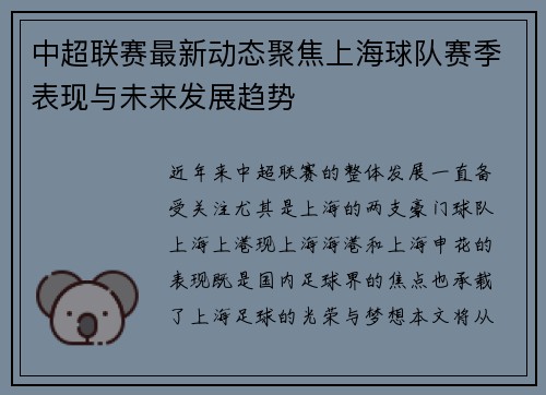 中超联赛最新动态聚焦上海球队赛季表现与未来发展趋势